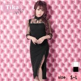 ブラック | ハイネックレーススリーブ大胆スリット韓国ミディアムドレス 袖あり 七分袖 | Tika