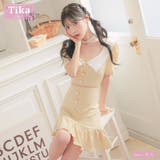 襟付きウエストカット裾フリルワッフルタイトミニドレス 韓国ドレス ガーリードレス | Tika | 詳細画像1