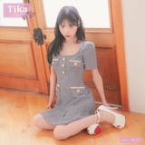ゴールドチェーン裾プリーツ風スクエアネックフレアミニドレス 韓国ドレス | Tika | 詳細画像1