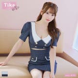 ネイビー | ウエストカットパフスリーブタイトミニドレス 韓国ドレス ガーリードレス | Tika