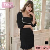ブラック×ブラック | ギャザースクエアネックタイトガーリー韓国ミニドレス タイトドレス 袖あり | Tika
