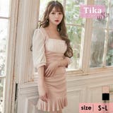 アイボリー×ピンク | ギャザースクエアネックタイトガーリー韓国ミニドレス タイトドレス 袖あり | Tika