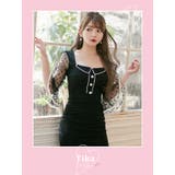 ドット柄シースルーベルスリーブスクエアネック韓国ミニドレス タイトドレス 袖あり | Tika | 詳細画像1