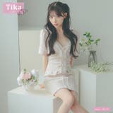 ベージュ | パールラインストレッチニットタイトミニドレス 韓国ドレス ガーリードレス | Tika