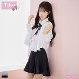 ホワイト×ブラック | オープンショルダーフリルブラウス×プリーツスカートセットアップ 韓国ドレス | Tika
