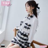 ブラック | ツイードブロックチェックブラウス&スカートセットアップ 韓国ドレス ガーリードレス | Tika