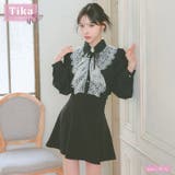 ブラック×ブラック | カメオブローチ付き刺繍レースブラウス×キュロットセットアップフレアミニドレス | Tika