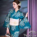 ターコイズ×クリーム大輪花火柄浴衣3点セット 平帯 下駄 | Tika | 詳細画像1