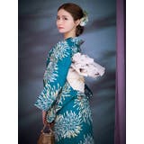 ターコイズ×クリーム大輪花火柄浴衣3点セット 平帯 下駄 | Tika | 詳細画像5
