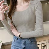 グレー | スクエアネックニットトップスオフィスカジュアル スプリングトップス 長袖 | TOKOHANA