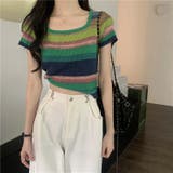 サマーニットレディースマルチボーダー韓国ファッション韓流夏服カジュアルオフィスカ… | TOKOHANA | 詳細画像10