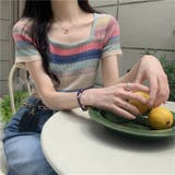 サマーニットレディースマルチボーダー韓国ファッション韓流夏服カジュアルオフィスカ… | TOKOHANA | 詳細画像5