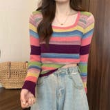 ピンク | 長袖ニットソーレディース韓国ファッション柔らかいボーダー柄 カットソー ニット |  TOKOHANA