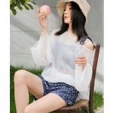 ホワイト×ネイビーフラワー | シアートップス付き シャーリングビキニ セットアップ 水着 レディース | OSYAREVO