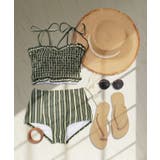 モスグリーンストライプ | 水着 レディース シャーリング ビキニ セットアップ 2点セット セパレート | OSYAREVO