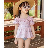チェリー×ピンク | キッズ オフショルダー パフスリーブ 水着 | OSYAREVO