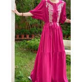 ローズ | 刺繍ベルト付き半袖ノーカラーリラックスワンピース | Ulysses