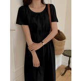 ブラック | クルーネック半袖シングルブレストドローストリング無地ワンピース | Ulysses