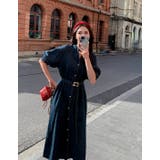 ダークブルー | Vネック半袖シングルブレストベルト付き無地デニムワンピース | Ulysses