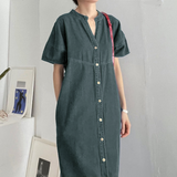 ブルーグリーン | Vネックシングルブレスト半袖デニムワンピース | Ulysses