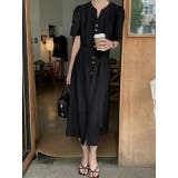 ブラック | Vネックシングルブレストリボン半袖ワンピース | Ulysses