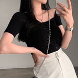 ブラック | アシメネックボタンデザイン半袖ニット | Ulysses