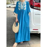 ブルー | 刺繍半袖ロングVネックワンピース | Ulysses