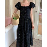 ブラック | リボンスクエアネックラインドット柄ワンピース | Ulysses