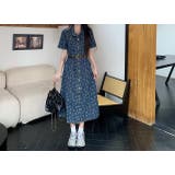 ブルー | ベルト付きジャカード半袖シングルブレストデニムワンピース | Ulysses