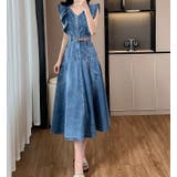 ブルー | ベルト付きフリル袖なしデニムワンピース | Ulysses