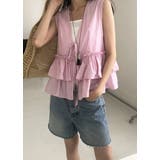 ピンク | リボン袖なしストライプシャツトップス | Ulysses