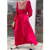 レッド | リボン刺繍長袖ワンピース | Ulysses