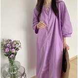 パープル | シンプルVネック中長袖ワンピース | Ulysses