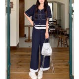 ダークブルー | シンプルレース切り替えトップス+パンツセットアップ | Ulysses