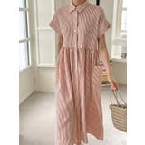 ピンク | ストライプ柄ボタンダウン半袖ワンピース | Ulysses