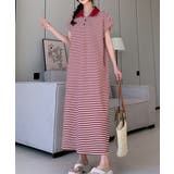 レッド | ボーダー柄ボタンダウン袖なしワンピース | Ulysses