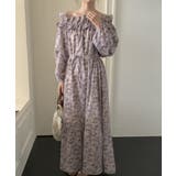 パープル | ボートネックフリル長袖ワンピース | Ulysses