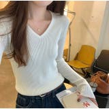 オフホワイト | Vネック無地長袖ニットトップス | Ulysses