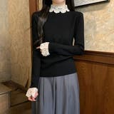 ブラック | Vネックレース付き無地ニットトップス | Ulysses