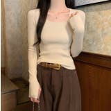 ベージュ | スクエアネックライン無地長袖ニットトップス | Ulysses