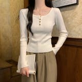 ベージュ | スクエアネックラインボタン付き無地ニットトップス | Ulysses