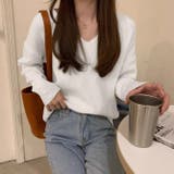 ホワイト | Vネック袖口ボタン付き無地ニットトップス | Ulysses