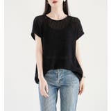 ブラック | シンプルクルーネック半袖無地透かし編みニットトップス | Ulysses