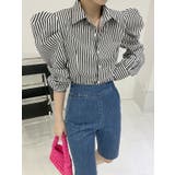 ボーダーブラック | 襟付きVネックストライプパフスリーブシャツ | Ulysses