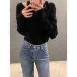 ブラック | レイヤード風リボン無地ニットトップス | Ulysses