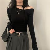 ブラック | ボートネックオフショルリボン無地トップス | Ulysses