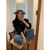 ブラック | Vネックシングルブレストパフスリーブ無地トップス | Ulysses