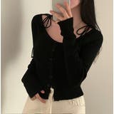 ブラック | クルーネックリボンタイシングルブレスト無地ニットトップス | Ulysses