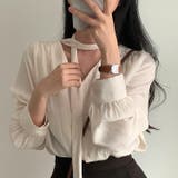 ベージュ | Vネックリボンシングルブレストチュール無地トップス | Ulysses