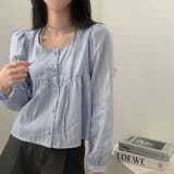 ブルー | クルーネックリボンシングルブレスト無地トップス | Ulysses